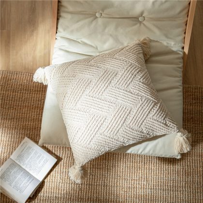 Handmade Tassel Sofa Cushion Cover 45x45cm Solid Beige